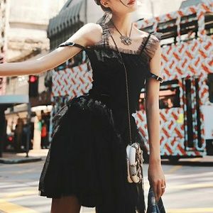 Black shoulder drop lace dress